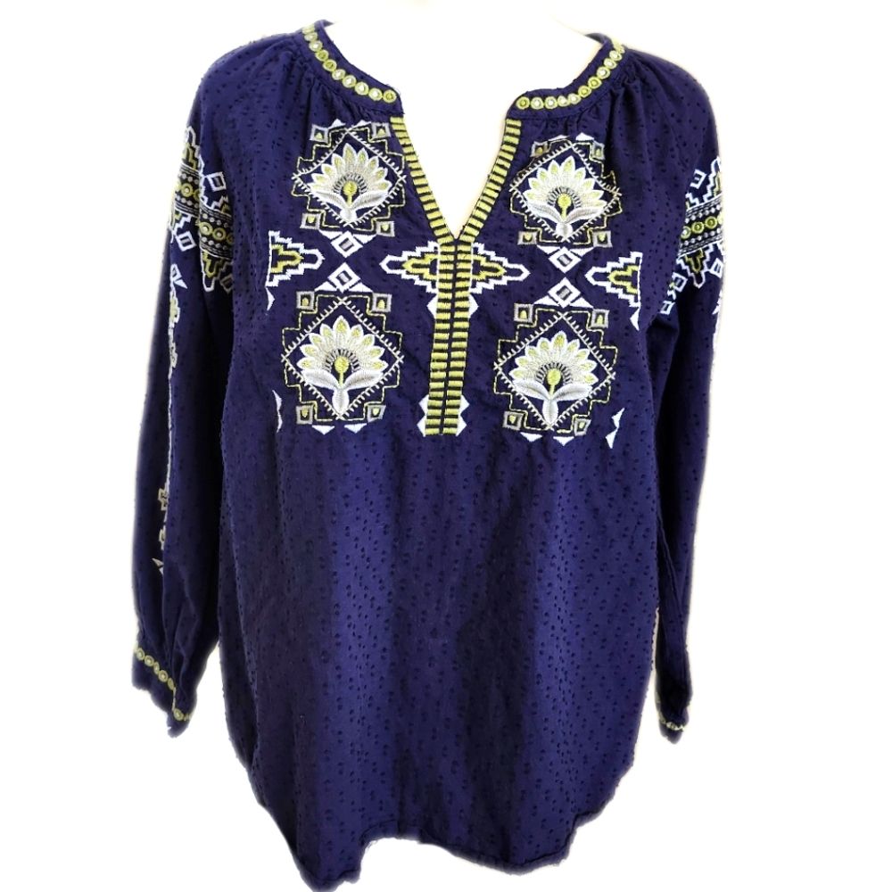 Solitaire 100% Cotton, Navy Blue, Balloon Sleeve, V-Neck Blouse, Embroidered M